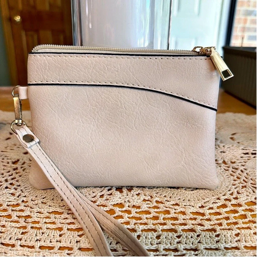 Cream Faux Leather Wristlet Small Zipper Pouch Gold Hardware Minimalist Pouch